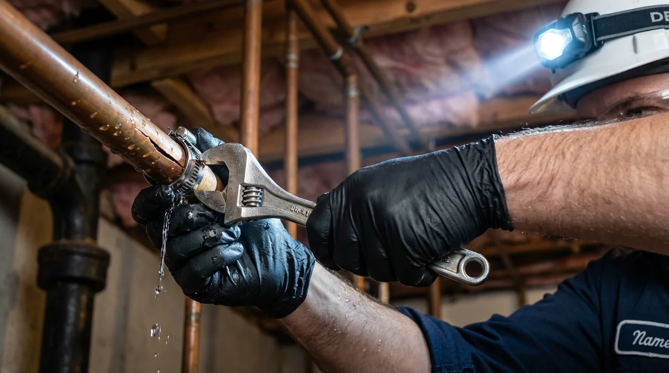 Emergency pipe clamp repair being performed by a Johns Plumbing LLC plumber in Gales Ferry