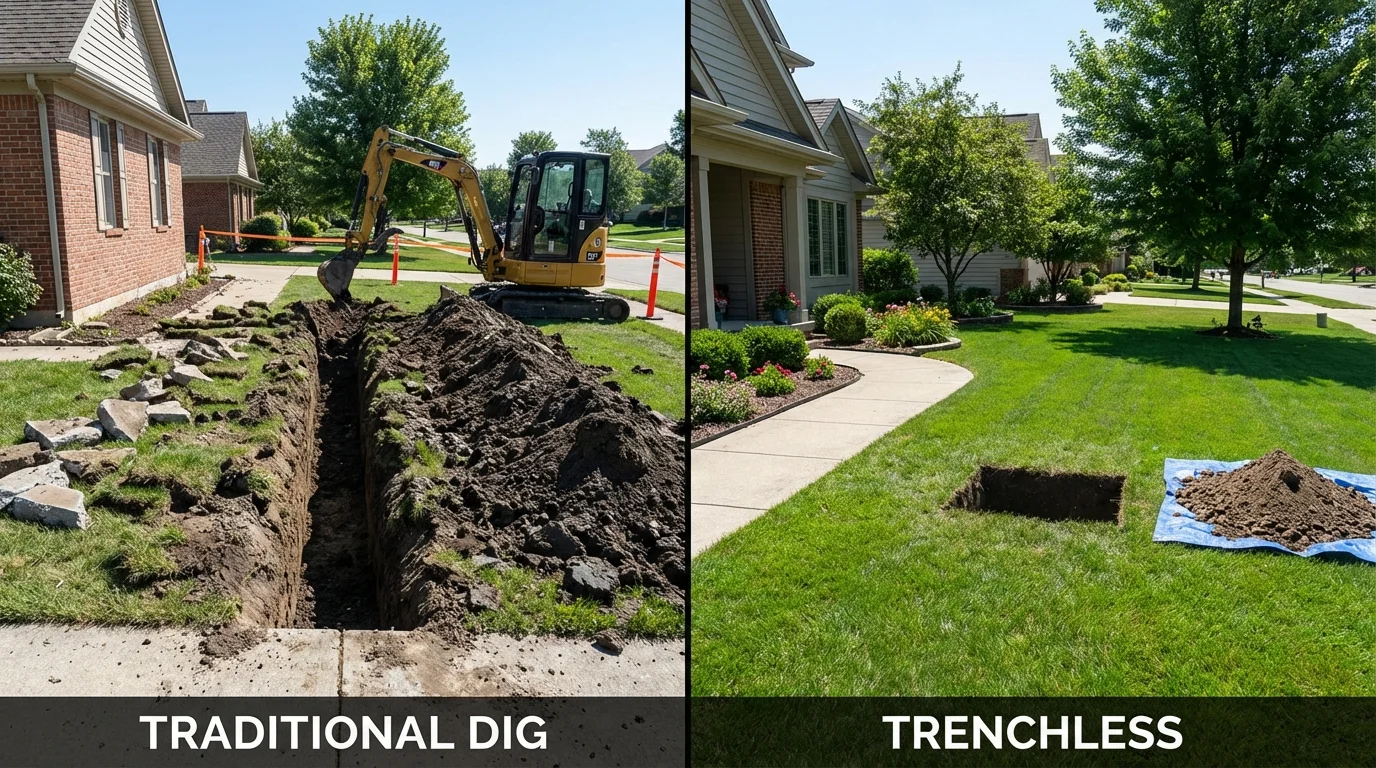 Trenchless sewer repair with minimal yard damage versus traditional excavation in Gales Ferry, CT