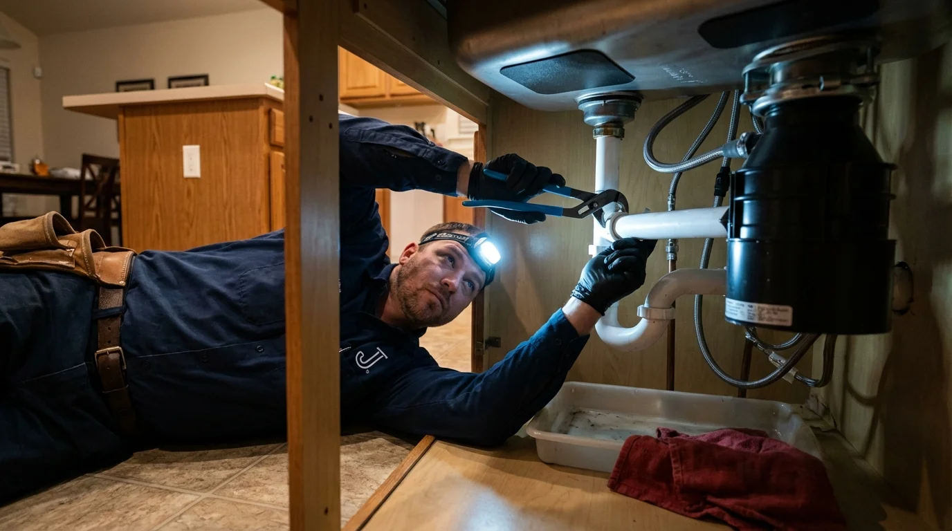 P-trap and supply line connections under a kitchen sink showing a common leak point in Gales Ferry, CT
